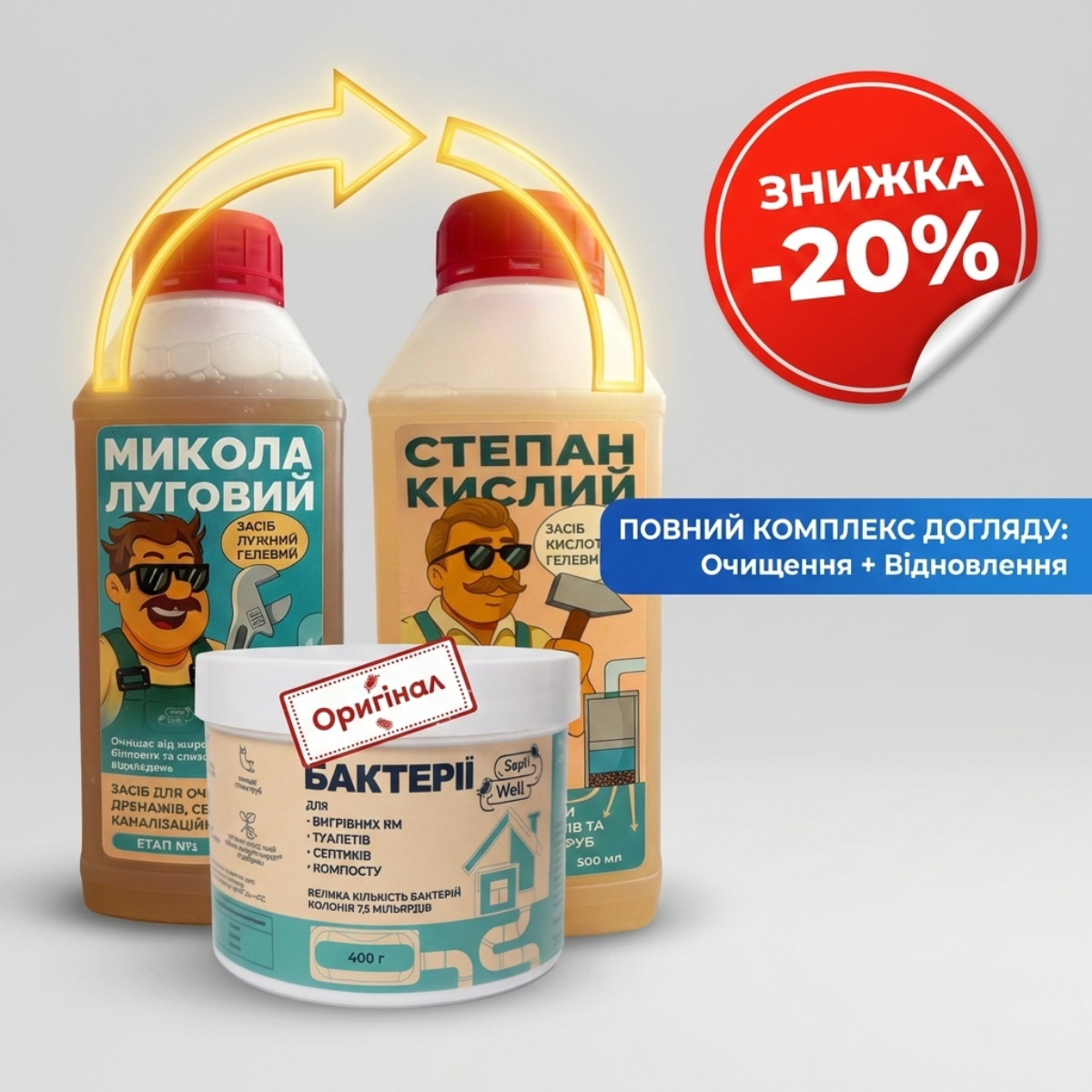 Комплексний догляд за септиком та трубами: Микола + Степан + Бактерії Septi Well – Повне очищення та біоактивація